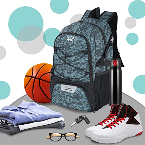 WOLT Basketball Backpack Large Sports Bag with Separate Ball Holder & Shoes Compartment, Best for Basketball, Soccer,Gym - color: Camouflage Grey