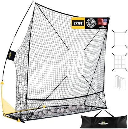 7x7 Baseball & Softball Net with Large Ball Collection System, Upgraded Triangular Base, Softball Pitching Net with 2 Strike Zone, Baseball Nets for Batting, Pitching, Fielding