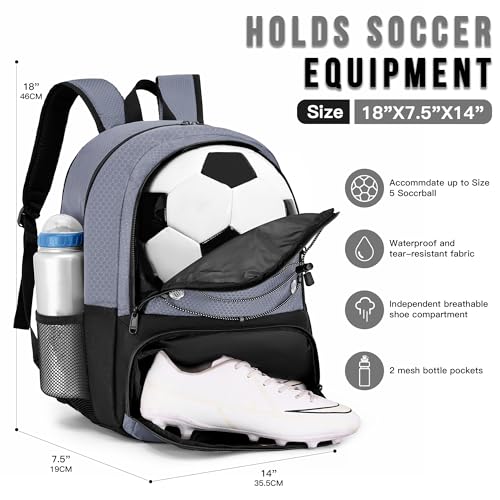 Hsmihair Youth Soccer Bag-Soccer Backpack&Backpack for Football Basketball,with Ball Compartment Separate Cleat Package - color: Grey