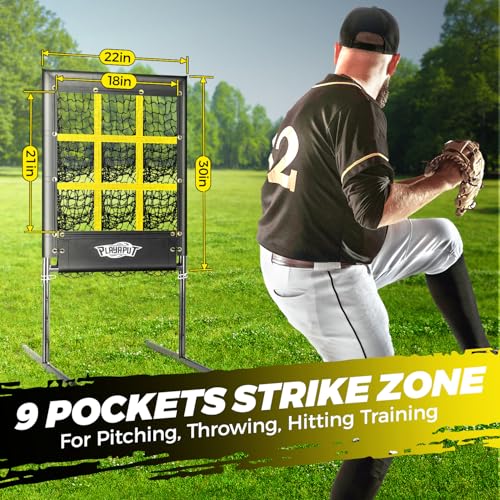PLAYAPUT Pitching Net, 9 Hole Baseball Pitching Net with Strike Zone,Height Adjustable Softball Baseballs Net For Pitching,Throwing,Hitting Accuracy,Baseball Pitching Target With Sandbags,Ground Stake