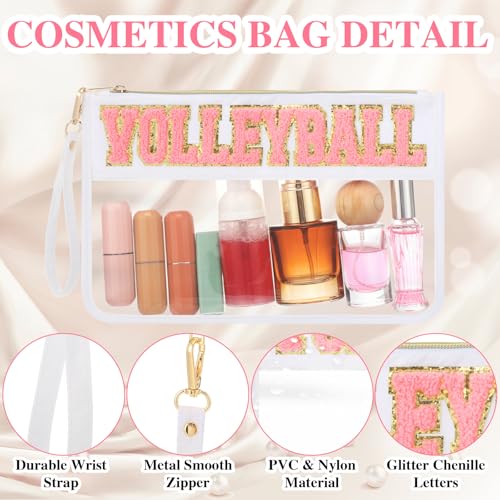 2 Pcs Pink Volleyball Cosmetic Bag Gifts Sport Cheer Makeup Bags Clear PVC Waterproof Toiletry Zipper Travel Pouch for Women Girls Soccer Softball Volleyball Tennis Lovers Players Team