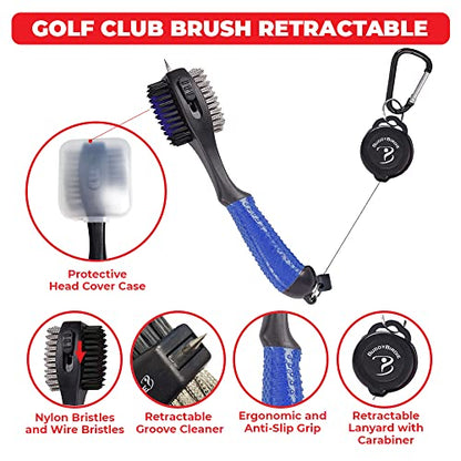 Retractable Golf Club Brush | Oversize Double Brush & Ergonomic Grip & Retractable Groove Cleaner & Lanyard - color: Blue