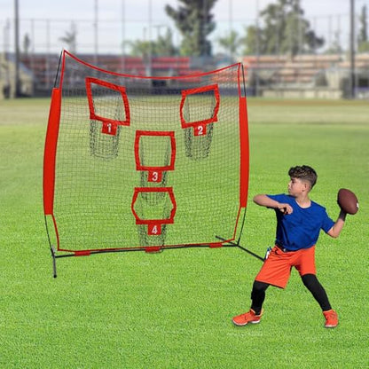 7x7ft Football Throwing Net with 4 Target Pockets – Football Training Net for Accuracy Improvement, Portable Quarterback Practice Equipment for Outdoor Use