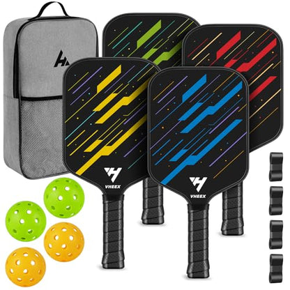 Pickleball Paddles Set of 4, Carbon Fiber Pickle Ball Paddle Set, Lightweight Indoor Outdoor Play Rackets Equipment 4 Pack with 4 Balls & Bag Family Beginner Christmas Men Women Kids Adult Gift