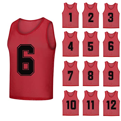 12 Pack（1-12） Numbered Pinnies/Soccer Training Bibs/Basketball Jerseys for Kids,Youth and Adults - color: 1-12 Red, size: Large