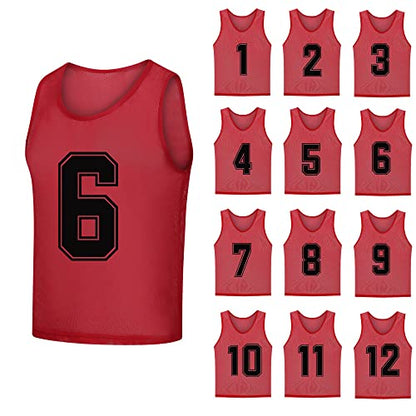 12 Pack（1-12） Numbered Pinnies/Soccer Training Bibs/Basketball Jerseys for Kids,Youth and Adults - color: 1-12 Red, size: Large