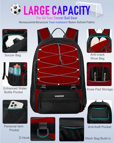 LOINTET Youth Soccer Bag, Soccer Backpack with Ball Compartment, Sports Equipment Training Bags Fits Basketball Football Volleyball and Accessories, Black - color: Red
