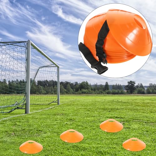 SOLUSTRE Soccer Training Cones Disc Set with Straps, 50 Orange Lightweight Agility Practice Markers, Portable Football Obstacle Equipment for Soccer Drills and Coaching