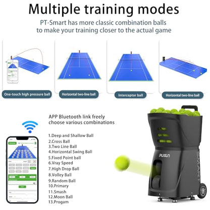 Tennis Ball Machine PT-Smart, 100+ Ball Capacity,Remote-Controlled/APP, Adjustable Speed & 12 Fixed Modes, Portable Training Equipment for Enthusiasts, Pros & Beginners - color: Blakc