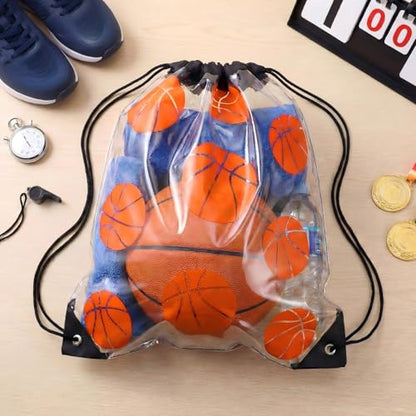Cholemy 12 Pcs Clear Basketball Drawstring Bags 17 x 13 Inch Waterproof Plastic Gift Snack Goodie Bags for Team Sports Gym Events Stadium - style: Basketball Style