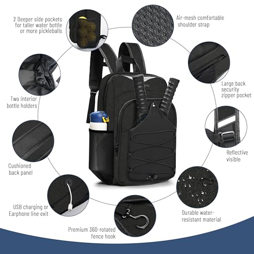 Pickleball Bag - Men's & Women's Pickleball Backpack, Adjustable Sling Bag with Large Capacity/Safety Pocket Ventilated Racket Compartments, Black