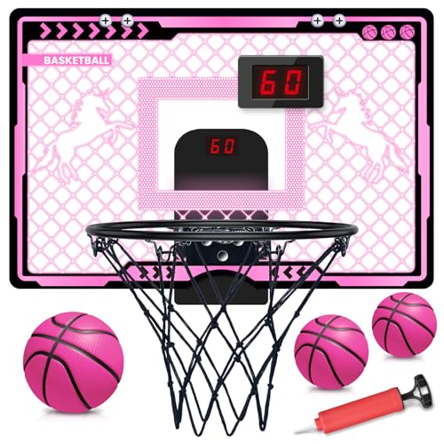 Indoor Basketball Hoop with Electronic Scoreboard and LED Light, Pink Over The Door Basketball Toy, for Kids Aged 4, 5, 6, 7, 8+Years Old
