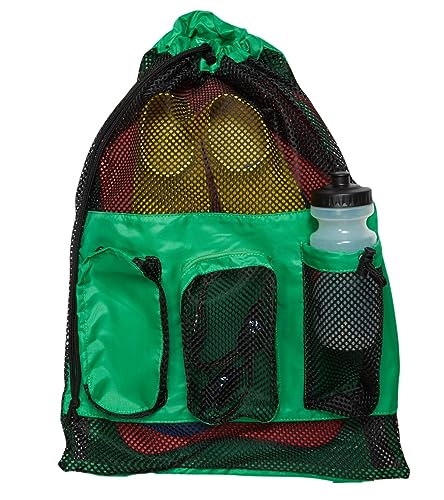 Sporti Swimming Equipment Bag Zipper Pocket, Mesh Drawstring Backpack, Drawstring Bags, Big Mesh Backpack for Workout Gear - color: Equipment - Kelly Green, style: 4. Two Shoulders & Pockets