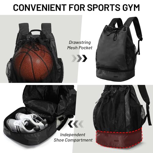 MIER Drawstring Basketball Backpack Soccer Bag with Shoe Compartment & Mesh Pocket Sports Gym String Backpack for Women Men, Lightweight - color: Black