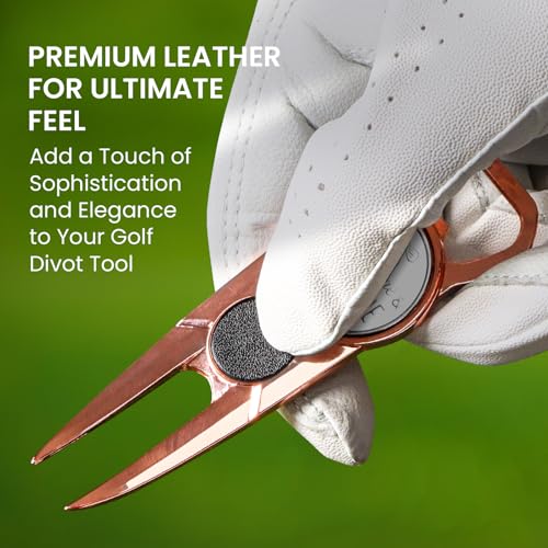 FINGER TEN Golf Divot Repair Tool and Ball Marker 7-in-1 Value 2 Pack, Premium Leather Grip Tools with Belt Clip, Club Tee, Club Groove Cleaner, Bottle Opener, Putting Alignment Guide - color: Rose Gold