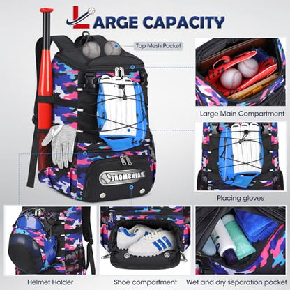 RAINSMORE Baseball Bag for Youth & Adult Lightweight Softball Bat Bag with Shoe Compartment, External Helmet Holder and Fence Hook Waterproof Baseball Backpack Hold T-Ball, Bat and Softball Equipment - color: Pink Camouflage