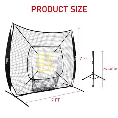 7x7 Ft Baseball and Softball Training Net with Batting Tee, Strike Zone Target, Portable Hitting and Pitching Practice Set - color: Black