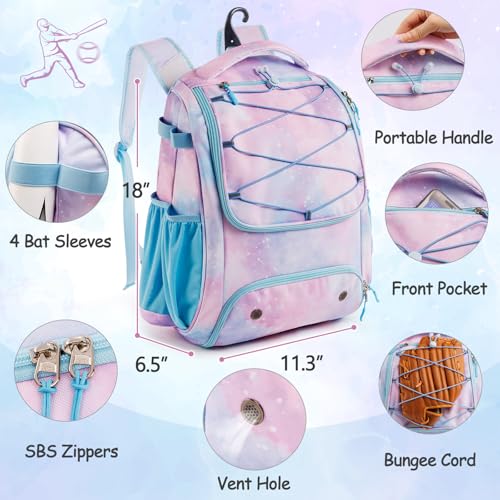 Youth Baseball Bag Backpack with Bat Holder for Boys Girls Baseball & Softball Bat Bag for T-Ball Equipment, Kids Baseball Backpack with Shoe Compartment & Glove Storage - color: Pastel Galaxy