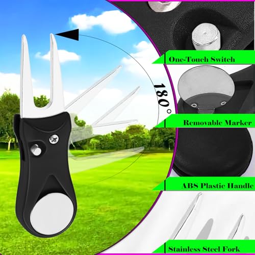 Foldable Golf Divot Tool, 2 Pack Stainless Steel Repair Tool with Pop-up Button and Magnetic Ball Marker for Men Women Golfer (Black)