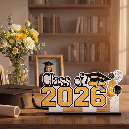 Smile 2026 Graduation Wooden Standing Decor Set, 2-Piece Class of 2026 Balloon Bouquet Tiered Tray Tabletop Signs with Stands for Graduation Party Decorations - style: Letter 2026