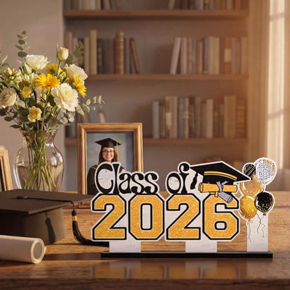 Smile 2026 Graduation Wooden Standing Decor Set, 2-Piece Class of 2026 Balloon Bouquet Tiered Tray Tabletop Signs with Stands for Graduation Party Decorations - style: Letter 2026