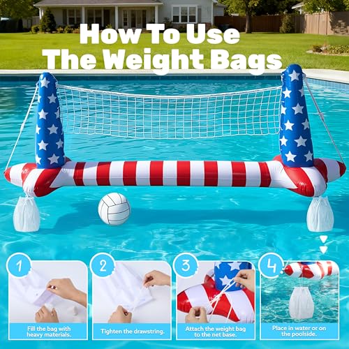 Inflatable Pool Floats Set American Flag Volleyball Net & Basketball Hoops, Swimming Pool Game Toy for Kids and Adults, Floating, Volleyball Court (105”x35”)|Basketball (27”x23”), Red White