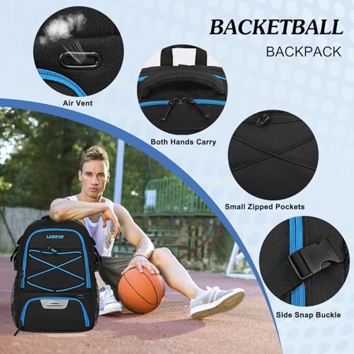 LARIPOP Basketball Backpack Large Basketball Bag with Ball Holder & Shoe Compartment for Youth Adults Men Women - color: TR Blue