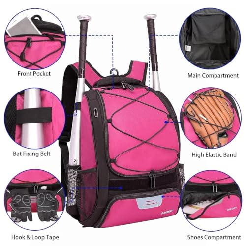 DAFISKY Baseball Bag Softball Backpack - Youth Adult T Ball Bat Equipment Bag with Bat Helmet Holders, Shoe Compartment - color: Pink