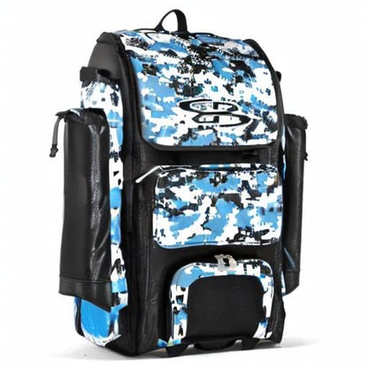 Boombah Catchers Superpack Hybrid Rolling Digital Camo Bat Bag - Multiple Colors - Wheeled & Backpack Version - color: Black/Columbia Blue