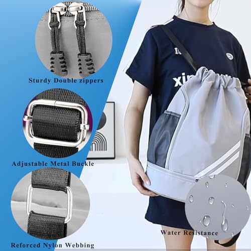Drawstring Soccer Backpack with Shoe Compartment - Gym Bag for Basketball, Volleyball and Football - Water Resistant Nylon Sports Cinch Sack for Men Women