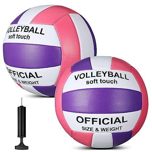 Lenwen 2 Pack Beach Volleyball Official Size 5 for Indoor Outdoor, Waterproof Soft Volleyball with Pump for Adult Beginner Beach Game Gym - color: Purple, Pink, White