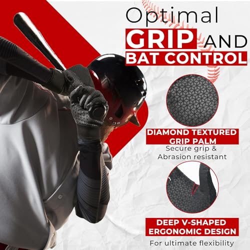HANDLANDY Baseball Batting Gloves for Adult Youth, Grip Breathable Softball Batting Gloves Fit Men Kids Boys Girls - color: Dark Black-Adult, size: Adult Large