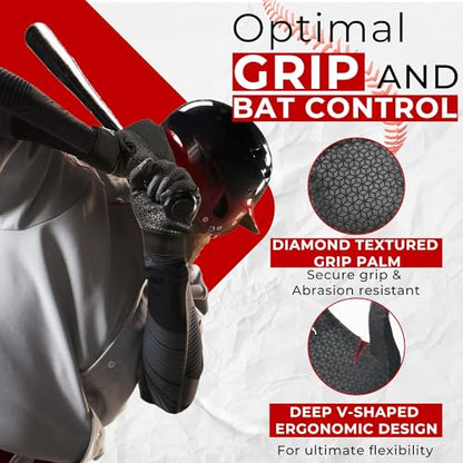 HANDLANDY Baseball Batting Gloves for Adult Youth, Grip Breathable Softball Batting Gloves Fit Men Kids Boys Girls - color: Dark Black-Adult, size: Adult Large