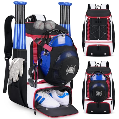 Baseball Bag Lightweight Softball Bags for Adults Youth 40L Large Baseball Backpack with Shoe Compartment, Helmet Holder, Fence Hook Waterproof Softball Bats Bag for T-Ball & Softball Equipment - color: Black & Red