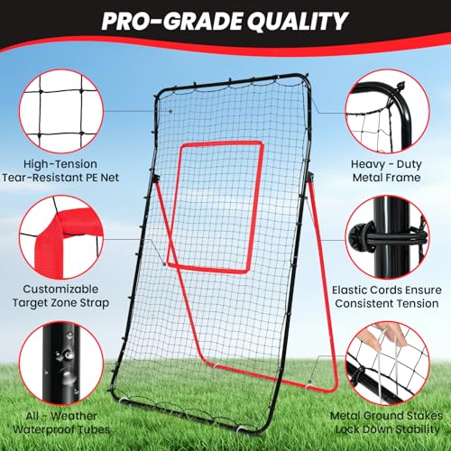 BAGAIL Volleyball Rebounder Net 7x4 Ft, Bounce Back Training Equipment with Unique Curved Frame for Better Catching, 5 Adjustable Angles for Volleying & Spiking, Easy Set Up & Sturdy Base - color: Red