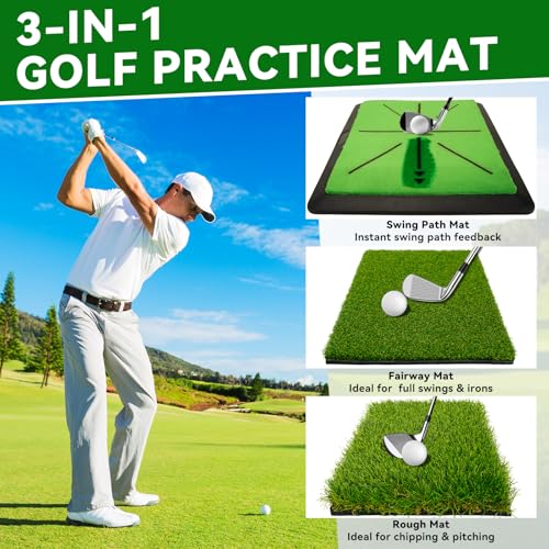 3-in-1 Golf Hitting Mat, 12" x 16" Replaceable Golf Practice Mat with Non-Slip Rubber Base, Golf Training mat for Swing Path, Chipping mat & Putting, Portable for Backyard, Garage, Indoor & Outdoor