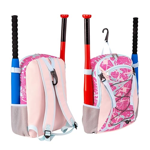 Youth Baseball Bat Bag Backpack, T-Ball & Softball Equipment Gear for Youth with Fence Hook, Lightweight Baseball Bat Backpack, Large Main Compartment for Helmet - color: Pink