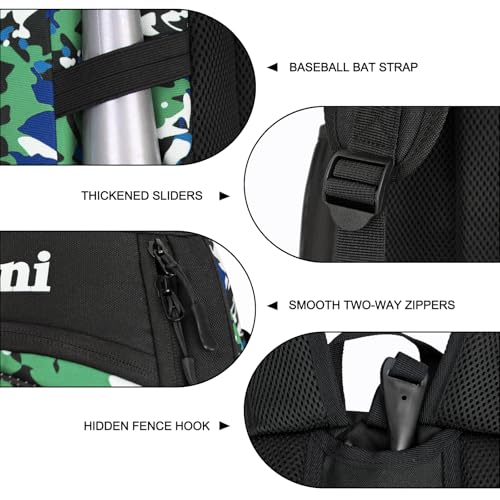 Goloni Youth Baseball Bag,Baseball Backpack with Shoes Compartment,Softball Bag with Fence Hook for T-Ball Bat & Equipment - color: Camouflage Green