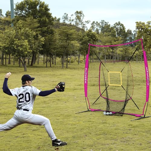 Storgem Baseball and Softball Practice Net 7×7ft Portable Hitting Pitching Batting Training Net Baseball Backstop Net and Strike Zone and Bow Frame - color: Purple