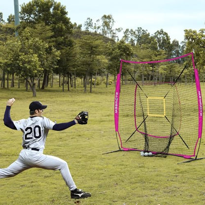 Storgem Baseball and Softball Practice Net 7×7ft Portable Hitting Pitching Batting Training Net Baseball Backstop Net and Strike Zone and Bow Frame - color: Purple