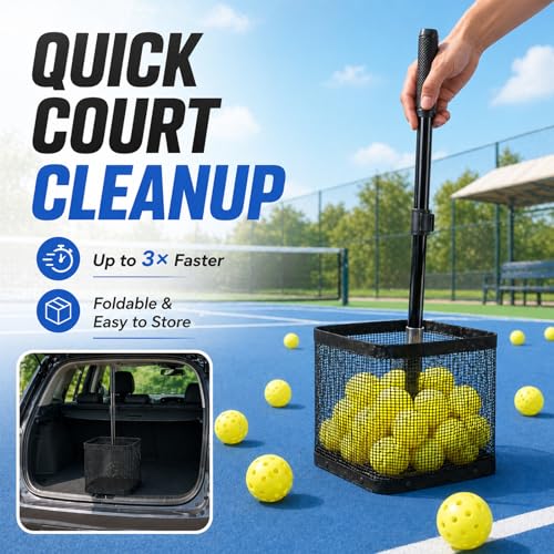 Pickleball Picker Upper 20+ Ball Capacity Foldable Pickleball Hopper Storage Basket Telescopic Handle Ball Retriever for No Bending Lightweight Pickleball Accessories for Coaches Players