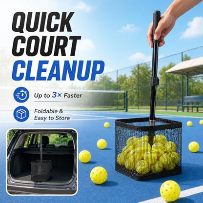 Pickleball Picker Upper 20+ Ball Capacity Foldable Pickleball Hopper Storage Basket Telescopic Handle Ball Retriever for No Bending Lightweight Pickleball Accessories for Coaches Players