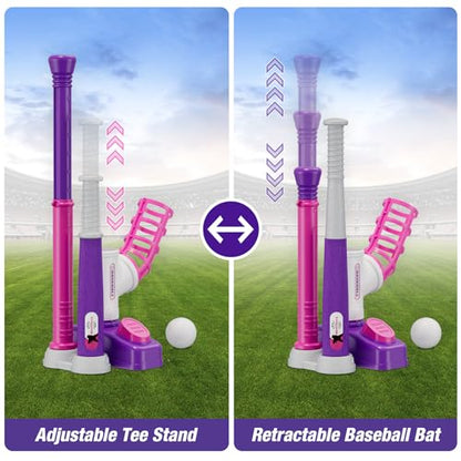 HYES Tball Set for Toddlers 3-5, Tee Ball Set with Step on Pitching Machine/Adjustable Batting Tee/Retractable Baseball Bat/8 Pop Up Balls, Outdoor Sport Toy Games for Kids Girls