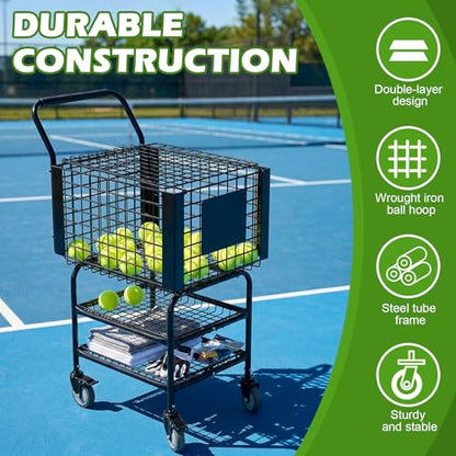Tennis Ball Basket Pickup Hopper Holds 350 Balls 2 Layers Tennis Ball Hopper Basket Cart with Wheel Ideal for Court Training