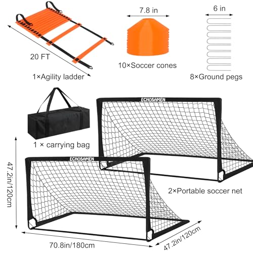 Kids Soccer Goals for Backyard, 2 of 6 x 4 ft Kids Soccer Goal Set Soccer Net with 10 Soccer Cones, Agility Ladder & Carry Bag, Portable Soccer Training Equipment. - color: Black
