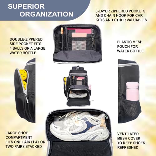 Pickleball Bag Deluxe Backpack Fits 4 Paddles and 10+ Balls - Shoe Compartment, Fence Hook, Storage Pockets, Adjustable Sling, Pickleball Accessories Equipment Bag