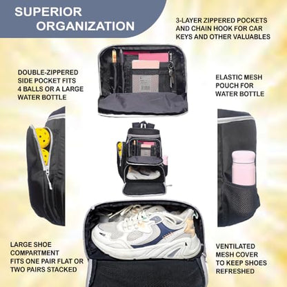 Pickleball Bag Deluxe Backpack Fits 4 Paddles and 10+ Balls - Shoe Compartment, Fence Hook, Storage Pockets, Adjustable Sling, Pickleball Accessories Equipment Bag