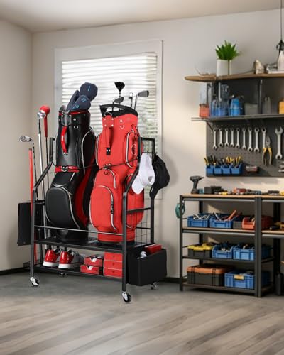 FHXZH Golf Bag Storage Garage Organizer - Golf Bag Stand Fit for 2 Bag, Extra Clubs, Balls, Shoes, and Golf Equipment Accessories, Golf Storage Rack for Garage, Club, Shed