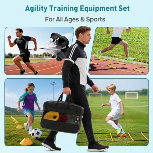 OLIXIS Agility Speed Training Equipment, 20 ft Speed Ladder, 12 Soccer Cones, 4 Agility Hurdles, Jump Rope, Resistance Parachute with Carry Bag, Training Equipment Set for Kids, Youth, Adults,Yellow