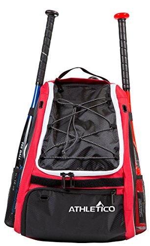 Athletico Baseball Bat Bag - Backpack for Baseball, T-Ball & Softball Equipment & Gear for Youth and Adults | Holds Bat, Helmet, Glove, & Shoes |Shoe Compartment & Fence Hook - color: Red